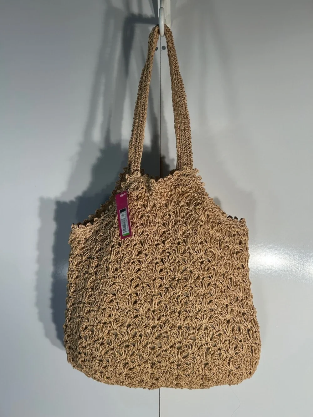 Xhilaration Crochet Raffia & Gold Metallic Tote Bag Boho Travel Beach Cottage